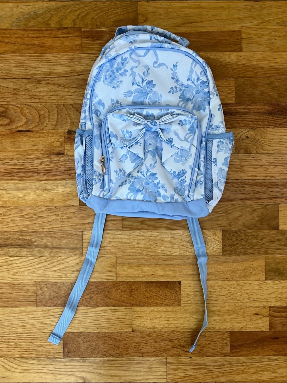 LoveShackFancy Light Blue Floral Kids Backpack with Bow size Small